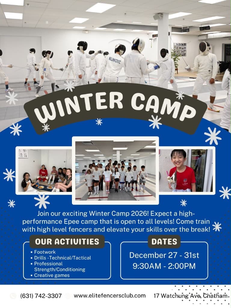 Winter Camp 2026 flyer — December 27–31 at Elite Fencers Club